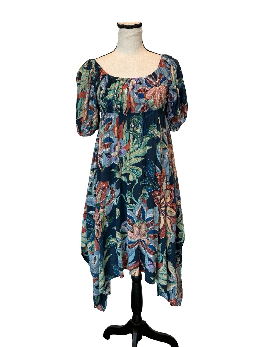 Angie Floral Handkerchief Hem Dress Small Boho Peasant Puff Sleeve Midi